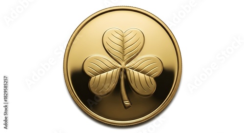 Gold coin with a shamrock a symbol of Irish luck isolated on white background