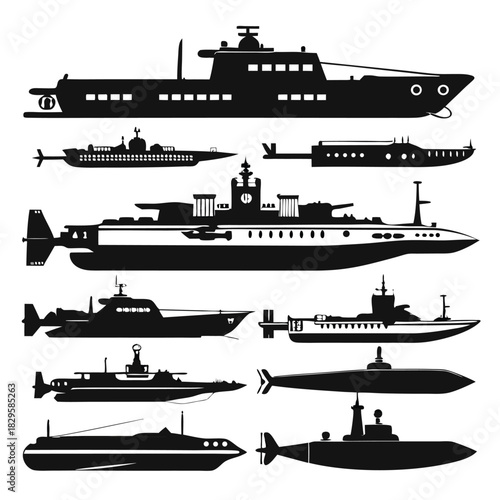 Silhouette warships showcase diverse nautical vessels, including submarines and military boats on white background