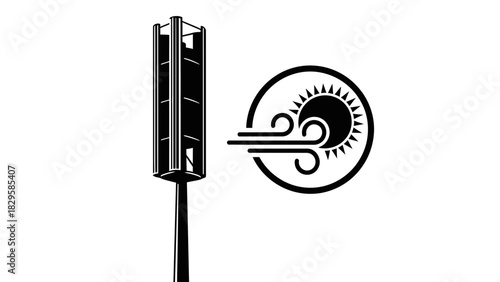 Vertical axis wind turbine design next to sun and wind icon