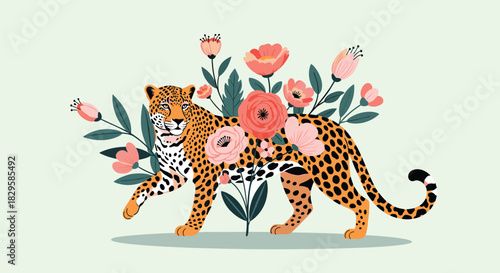 A beautiful and surreal illustration of a majestic leopard walking with a vibrant bouquet of flowers growing from its spotted body.