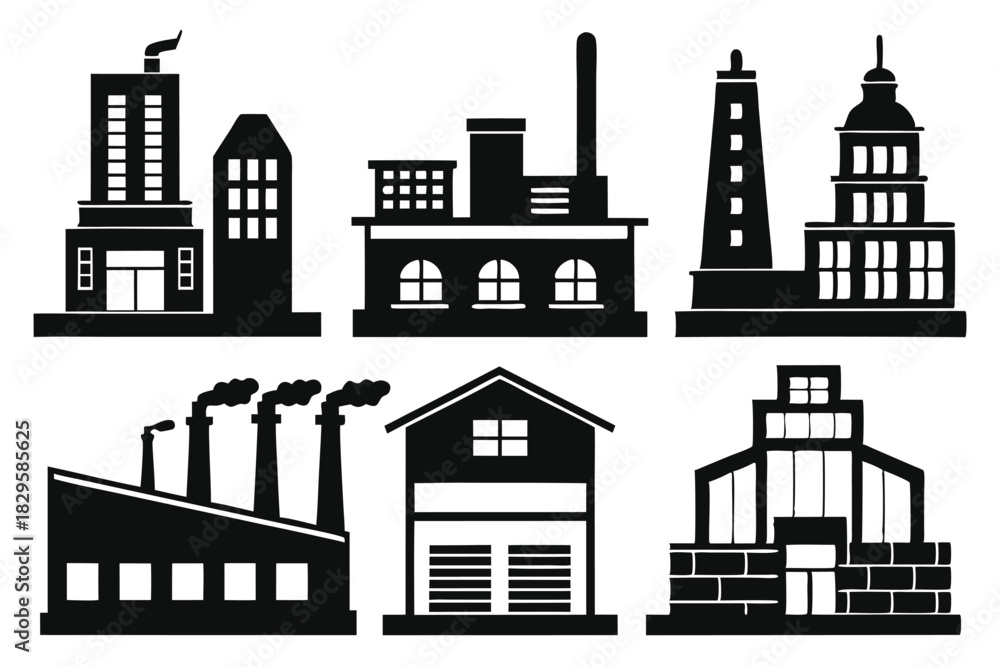 Obraz premium Black silhouette set portrays various industrial and residential structures against a white background elegantly