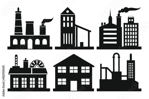 Silhouette building icons showcase diverse industrial and residential structures in clean architectural art