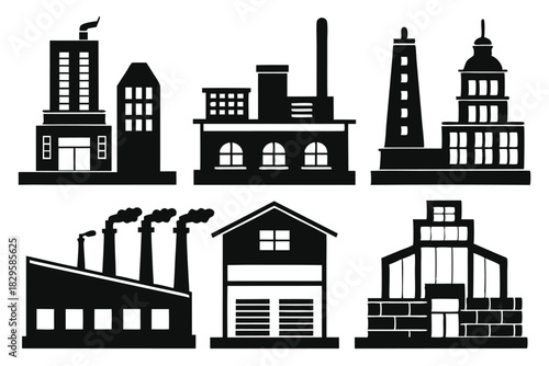 Black silhouette set portrays various industrial and residential structures against a white background elegantly