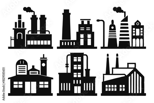 Various monochrome factory silhouette icons each featuring distinct architectural and industrial structures compose an array