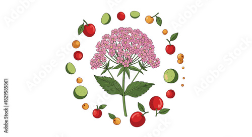 A lovely botanical illustration of a pink valerian flower centered inside a decorative circular frame of fresh berries and fruits.