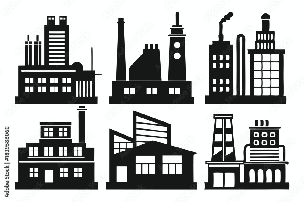 Fototapeta premium Six black and white factory silhouettes showcase varied industrial architecture against a clean background