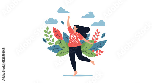 A joyful and confident plus-size woman celebrating self-love and body positivity surrounded by beautiful abstract nature elements.