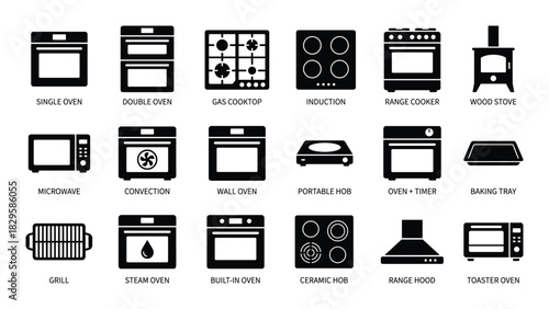 Set of black and white cooking appliances icons including single oven double oven gas cooktop induction and wood stove