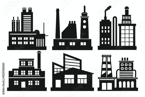 Six black and white factory silhouettes showcase varied industrial architecture against a clean background