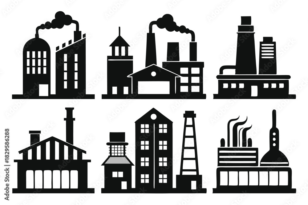 Obraz premium Six black factory silhouettes present various industrial plants, each differing in architectural style