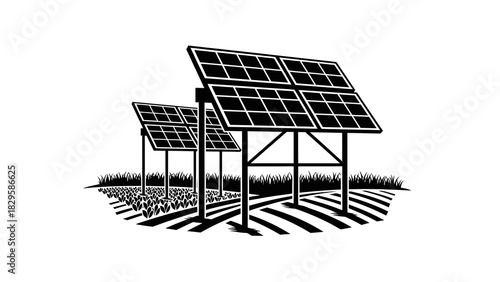 Black and white illustration of solar panel array in a field