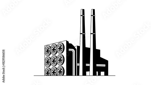 Black and white illustration of a factory building with cooling towers