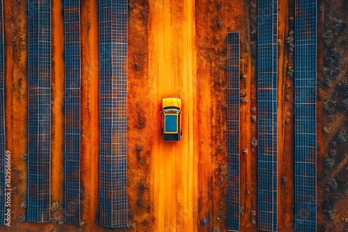 Yellow vehicle driving along an orange dirt road surrounded by long rows of solar panels