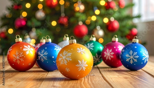 Colorful Snowflake Christmas Ornaments Wooden Table Bokeh Background