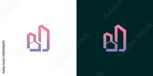 Abstract BJ letter initial logo forming a modern building skyline. A futuristic real estate and construction monogram with a vibrant purple gradient