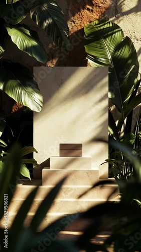 Marble pedestal surrounded lush tropical leaves in sunlit garden