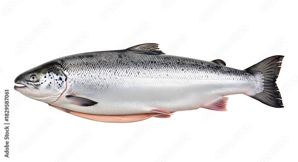 Obraz premium Fresh raw salmon fish whole and uncooked isolated on white background ready for cooking