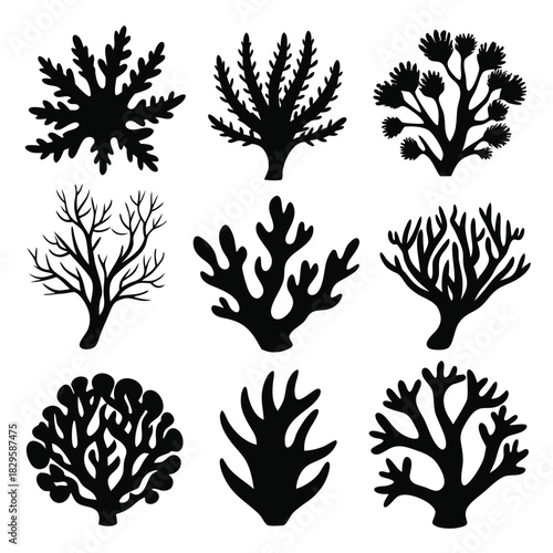Black coral silhouette collection showcases diverse shapes on a clean white plain landscape background