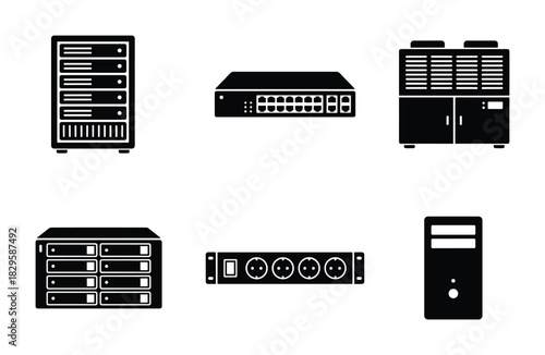 Assortment of electronic device icons featuring server racks, network switches, cooling units, and power strips