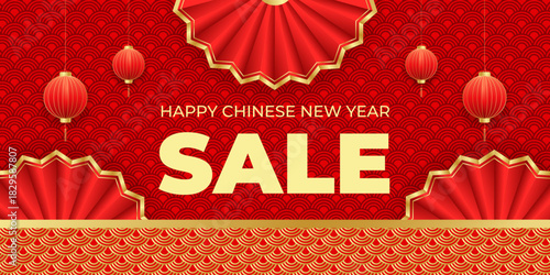Happy Chinese New Year sale banner with traditional pattern,fans,lantern. Festival voucher template design for seasonal promotion and special offer. Horizontal vector illustration