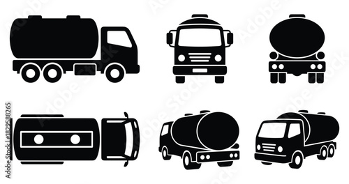 Black and white silhouette of a fuel tank truck shown from various perspectives including side, front, back, top, and isometric views