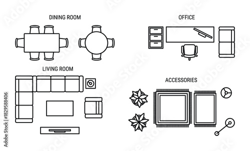 Furniture top view outline icon set for house plan interior design of dining living and office rooms with accessories