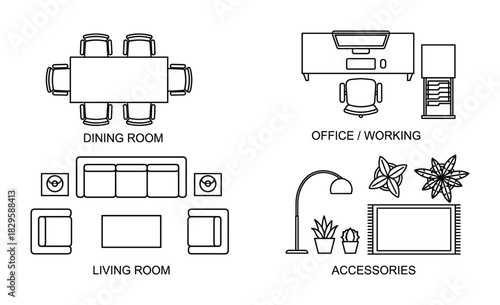 Furniture top view outline icon set for house plan interior design of dining living and office working rooms with accessories