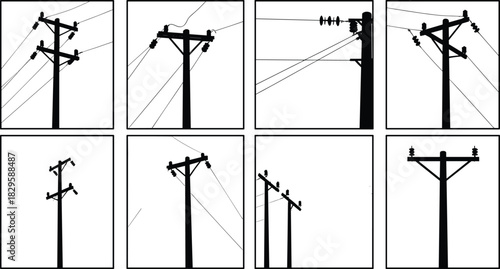 Black and white utility pole silhouettes, eight framed vector icons showing crossarms, insulators, power lines, pole variations for technical reference and design