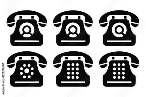 Six black telephone icons show rotary dial and keypad design variations for communication needs