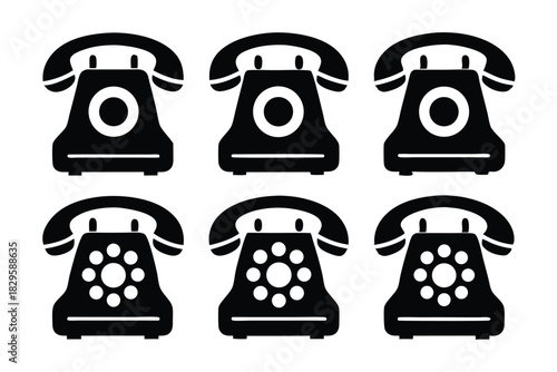 Six black retro rotary dial telephone icons are aligned on a white background