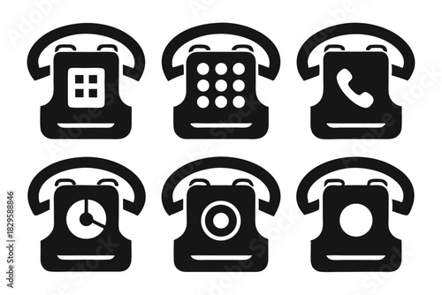 Six retro telephone icons display an era of communication in bold black silhouettes