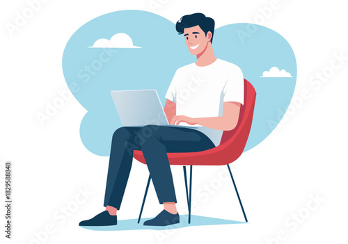 Illustration Young Man Working Remotely on Laptop