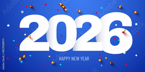 Festive 2026 Happy New Year banner with confetti on a blue background. Vector illustration