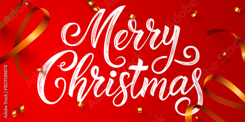 Merry Christmas greeting on a vibrant red background with gold ribbons. A perfect design for holiday celebrations. Vector illustration.