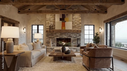 Wallpaper Mural Warmth flows through a rustic living room featuring a stone fireplace, natural wood beams, and a cozy, inviting atmosphere for family time Torontodigital.ca