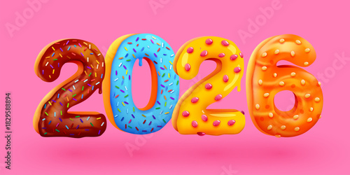 Tasty Greeting Card Happy New Year 2026. Colorful glazed Sweet numbers. Greeting Card, Banner, Poster. Vector Illustration