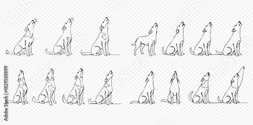 Continuous line art drawing of a dog or wolf howling in various sitting and standing poses, minimalist vector illustration set.