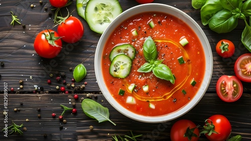 Gazpacho Day (December 6): Rich Red Tomato Soup Still Life on Rustic Wood, Highlighting Fresh Ingredients. Ideal Stock Image for Celebrating the National Food Holiday.