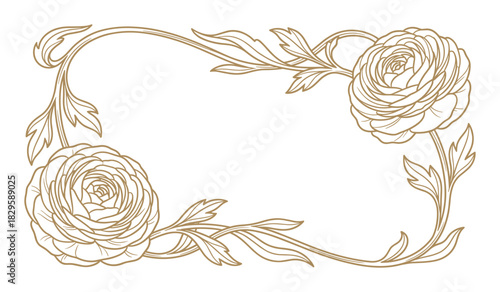 Gold line art frame with two ranunculus flowers and swirling leaves arranged in a horizontal layout