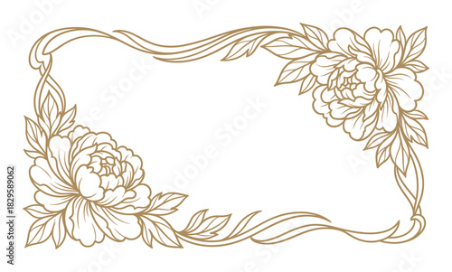 Gold line art frame featuring two peony flowers with rich petals and graceful leaves along the border