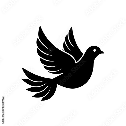 Minimalist black flying dove silhouette, symbol of peace and freedom