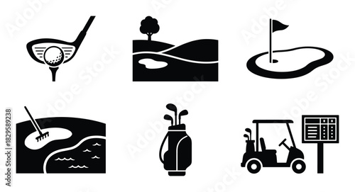 Set of golf icons with golf club ball field course flag bunker bag and cart