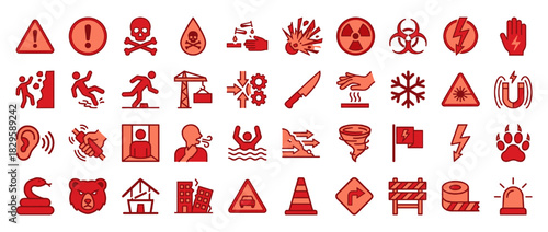 Safety and warning solid icon set. containing hazard, danger, al