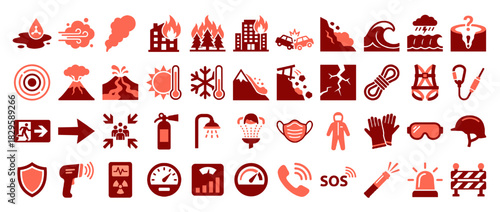 Emergency and safety solid icon set. containing fire, flood, ear