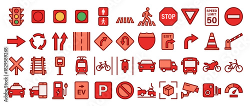 Traffic and road signs solid icon set. containing stop, yield, s
