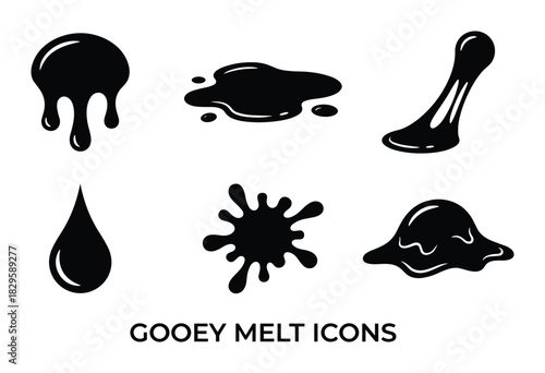 Gooey melt icons set with various shapes of melting liquid blobs and drips