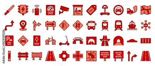 Transport and road sign solid icon set. includes bus, train, bik