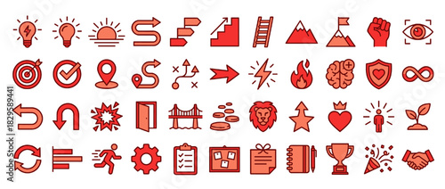 Business and motivation solid icon set. includes lightbulb, stai
