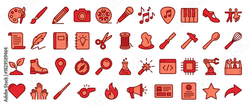 Creative and hobby solid icon set. containing paint, pencil, cam