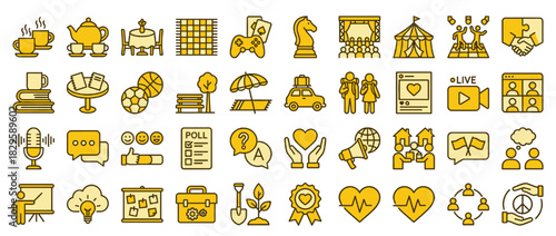 Miscellaneous solid icon set. containing coffee, chess, tent, ha